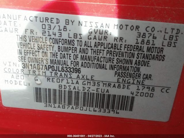 3N1AB7AP0JL633396 Nissan SENTRA SV