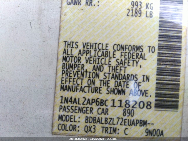 2011 NISSAN ALTIMA 2.5 SL VIN: 1N4AL2AP6BC118208