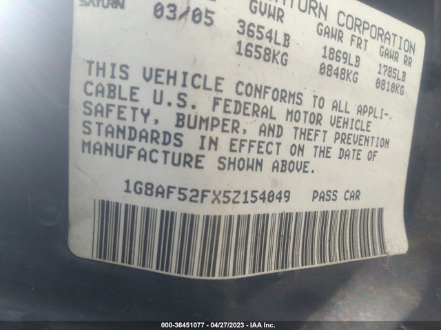 2005 SATURN ION ION 1 VIN: 1G8AF52FX5Z154049
