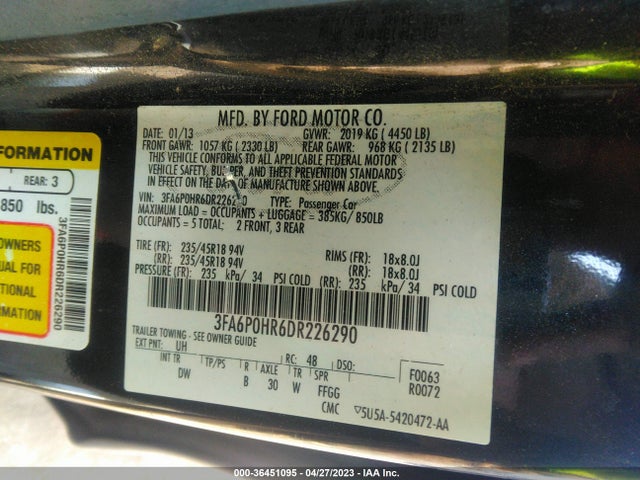 2013 FORD FUSION SE VIN: 3FA6P0HR6DR226290