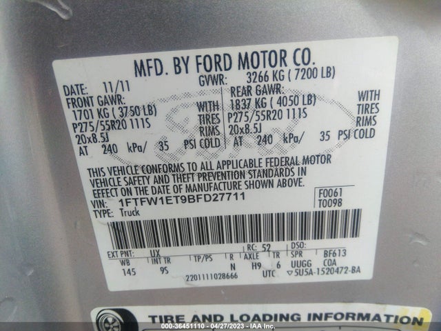 2011 FORD F-150 XLT/FX4/LARIAT VIN: 1FTFW1ET9BFD27711