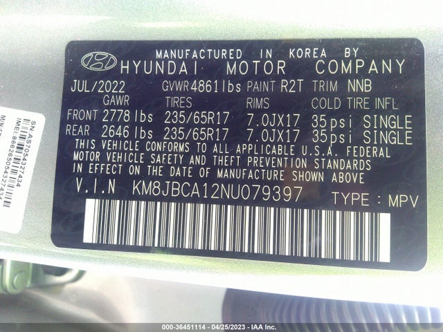 2022 HYUNDAI TUCSON HYBRID BLUE VIN: KM8JBCA12NU079397