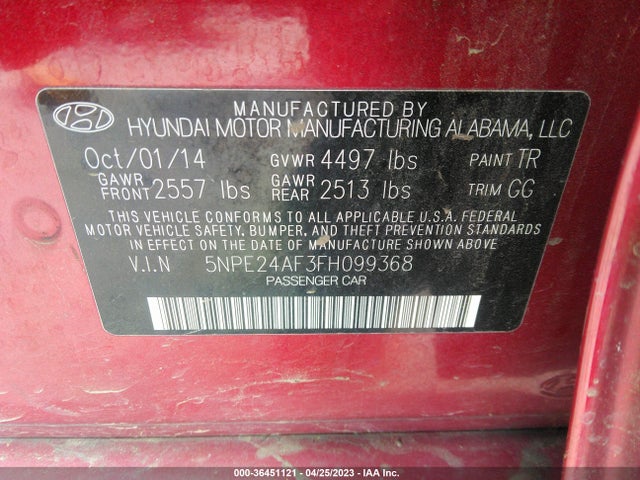 Hyundai Sonata 2.4l Se 2015 5NPE24AF3FH099368 Image 9