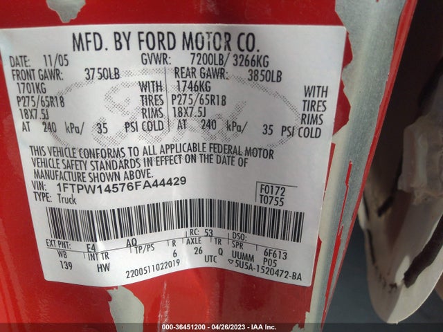 2006 FORD F-150 XLT/FX4/LARIAT/KING RANCH VIN: 1FTPW14576FA44429