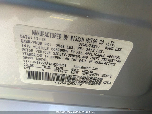 2020 INFINITI Q50 3.0T LUXE VIN: JN1EV7AP4LM206708