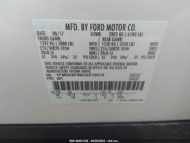 2017 FORD EXPLORER LIMITED VIN: 1FM5K8F89HGE10015