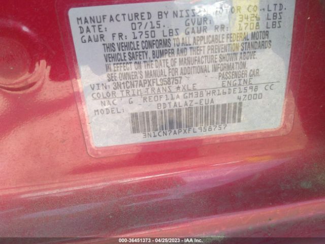 3N1CN7APXFL958757 Nissan Versa S Plus