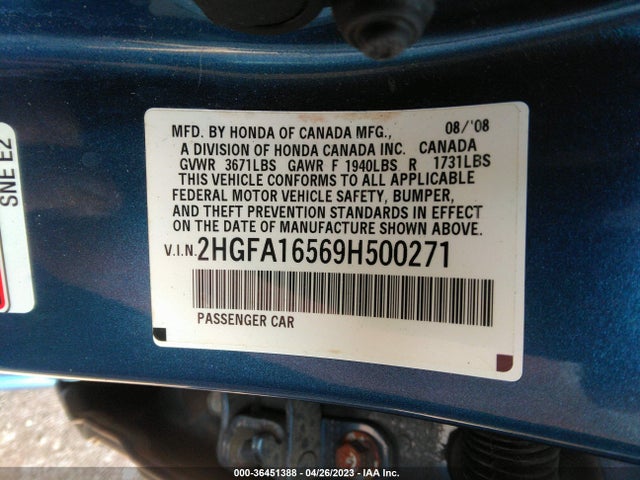 2009 HONDA CIVIC SDN LX VIN: 2HGFA16569H500271