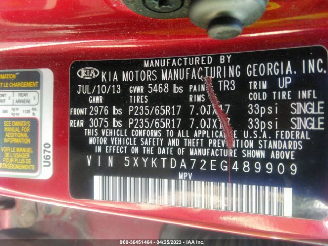 5XYKTDA72EG489909 KIA SORENTO LX