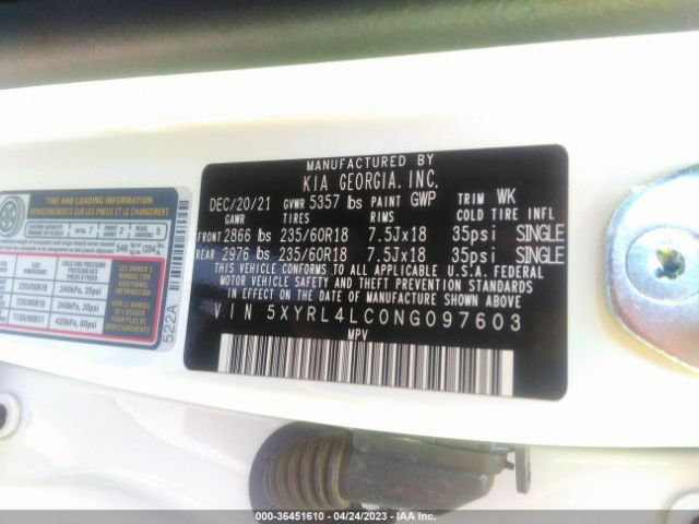 5XYRL4LC0NG097603 KIA SORENTO S