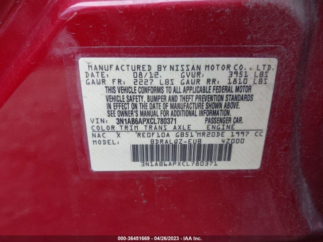 2012 NISSAN SENTRA 2.0 VIN: 3N1AB6APXCL780371