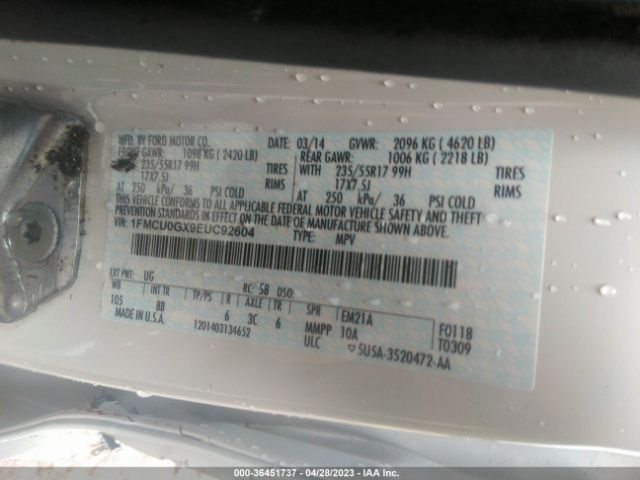 1FMCU0GX9EUC92604 Ford ESCAPE SE