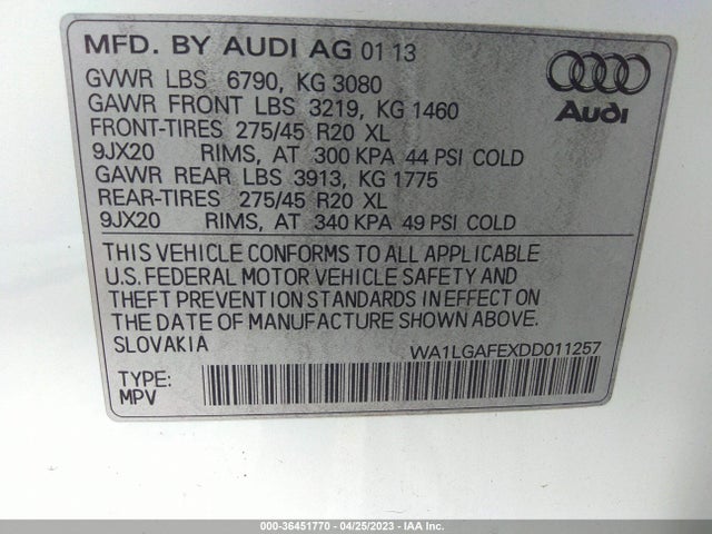 2013 AUDI Q7 3.0T PREMIUM PLUS VIN: WA1LGAFEXDD011257