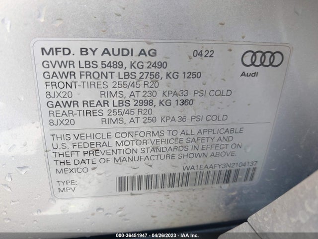 WA1EAAFY3N2104137 Audi Q5 S Line Premium Plus