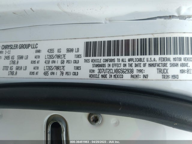 2011 RAM 2500 BIG HORN VIN: 3D7UT2CLXBG562938