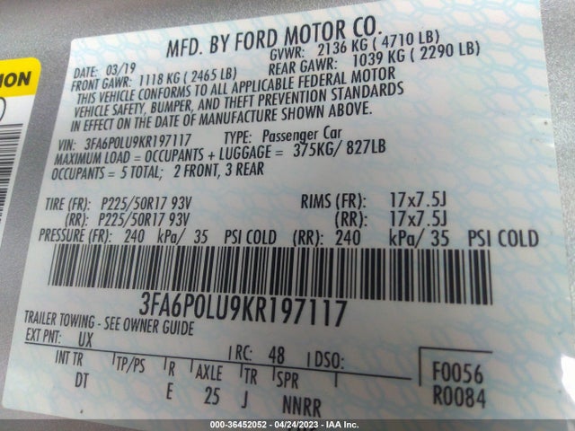 3FA6P0LU9KR197117 Ford Fusion Hybrid Se