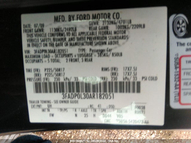 2010 FORD FUSION HYBRID VIN: 3FADP0L30AR182051