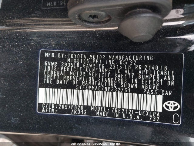 2022 TOYOTA COROLLA LE VIN: 5YFEPMAE7NP332761