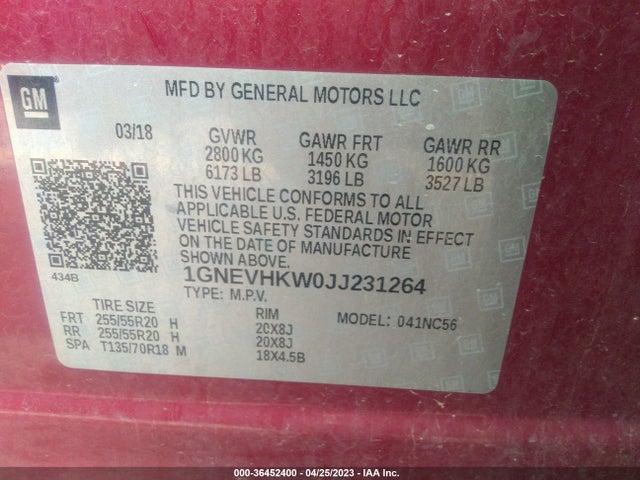 Chevrolet Traverse Lt Leather 2018 1GNEVHKW0JJ231264 Image 10