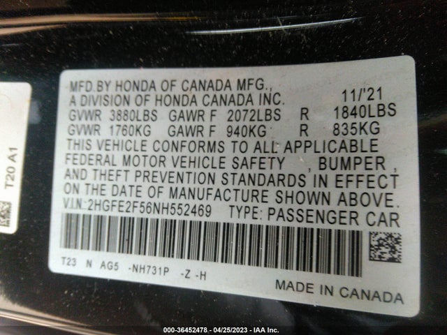 2022 HONDA CIVIC SEDAN SPORT VIN: 2HGFE2F56NH552469