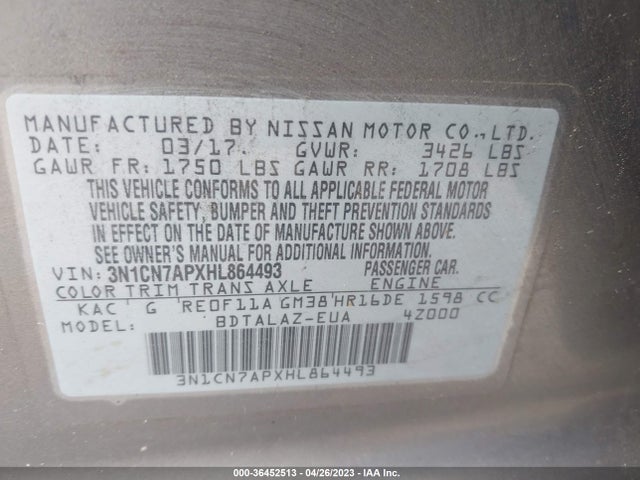 Nissan Versa Sedan S Plus 2017 3N1CN7APXHL864493 Image 11