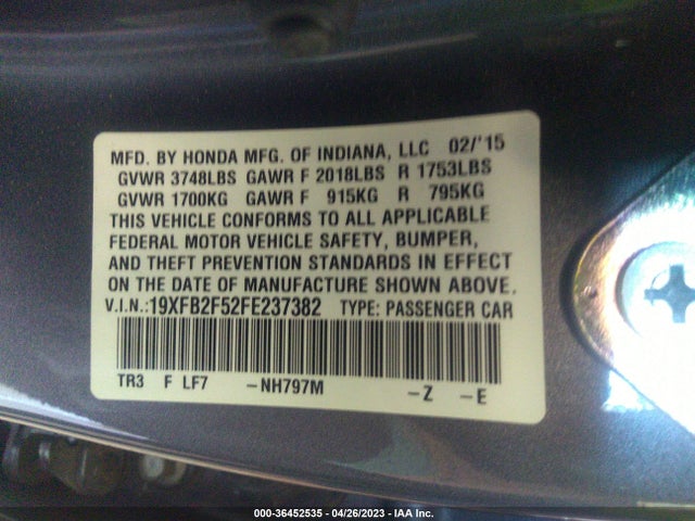 Honda Civic Sedan Lx 2015 19XFB2F52FE237382 Image 9