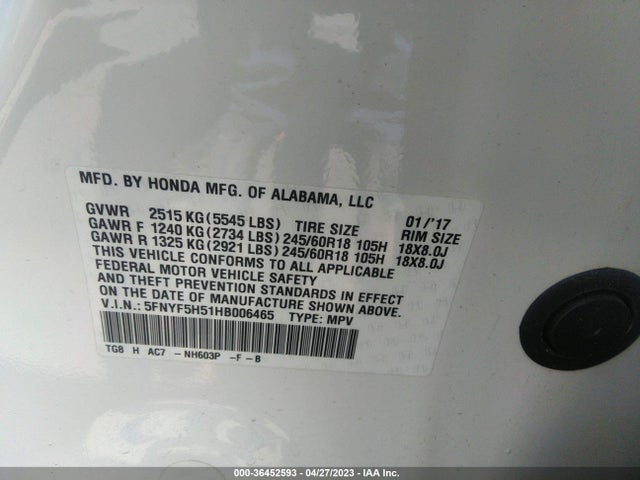 Honda Pilot Ex-l 2017 5FNYF5H51HB006465 Image 9