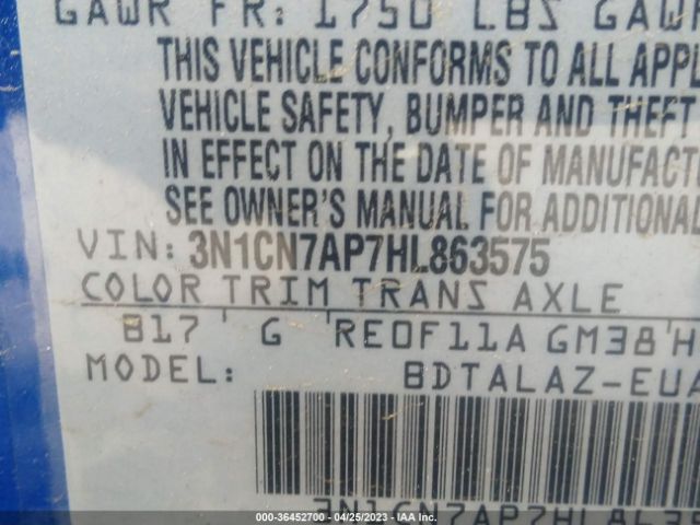3N1CN7AP7HL863575 Nissan Versa Sedan S Plus