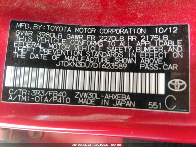 36452763 :رقم المزاد ، JTDKN3DU7D1623589 vin ، 2013 Toyota Prius One/two/three/four/five مزاد بيع