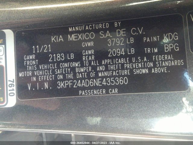 3KPF24AD6NE435360 KIA Forte Lxs