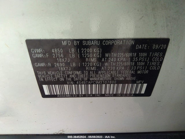 2021 SUBARU OUTBACK TOURING VIN: 4S4BTAPC9M3107800