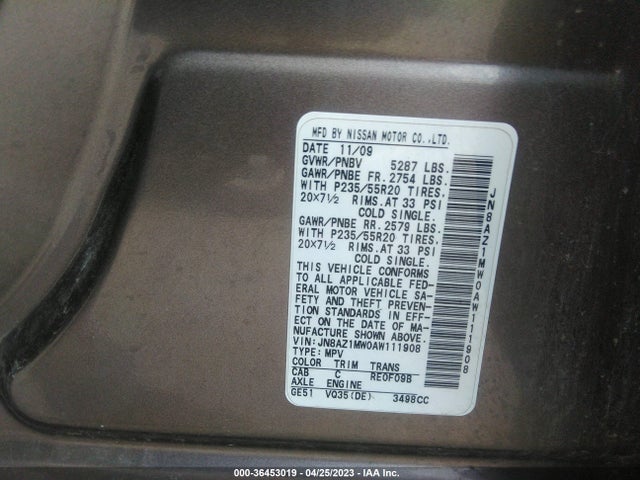 2010 NISSAN MURANO LE VIN: JN8AZ1MW0AW111908