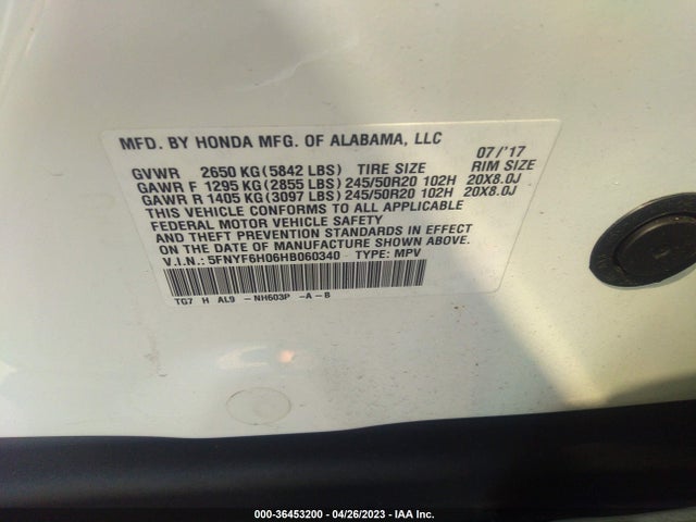 Honda Pilot Elite 2017 5FNYF6H06HB060340 Image 9