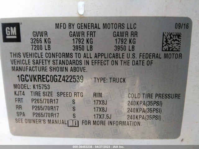 2016 CHEVROLET SILVERADO 1500 LT VIN: 1GCVKREC0GZ422539