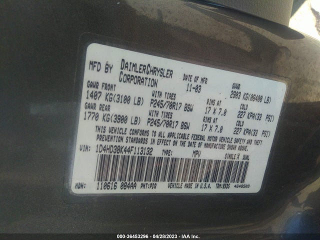 2004 DODGE DURANGO ST VIN: 1D4HD38K44F113132
