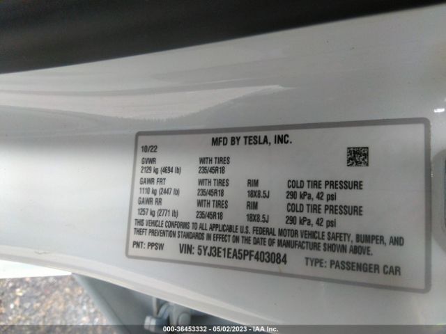 5YJ3E1EA5PF403084 Tesla MODEL 3