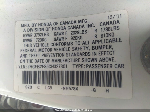 2012 HONDA CIVIC SDN EX VIN: 2HGFB2F85CH327301