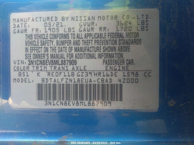 3N1CN8EV8ML887909 Nissan VERSA SV