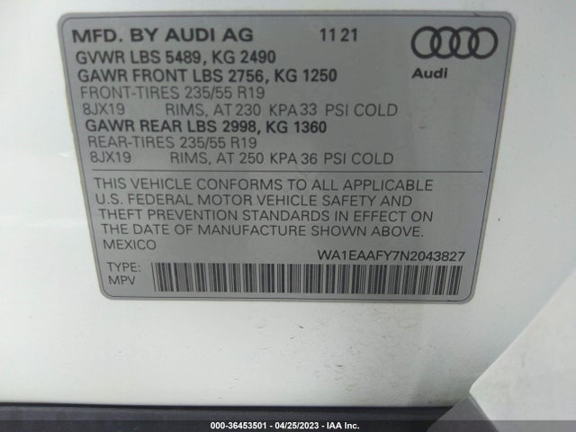 WA1EAAFY7N2043827 Audi Q5 S Line Premium Plus