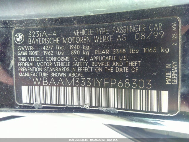 2000 BMW 3 SERIES 323I VIN: WBAAM3331YFP68303