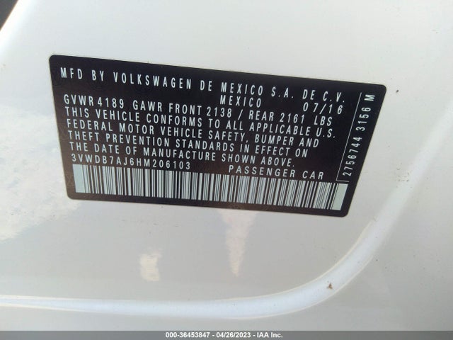 2017 VOLKSWAGEN JETTA 1.4T SE VIN: 3VWDB7AJ6HM206103