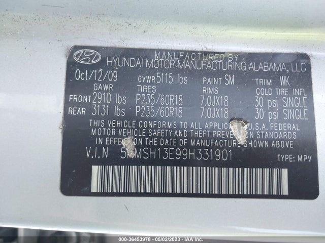 2009 HYUNDAI SANTA FE LIMITED VIN: 5NMSH13E99H331901