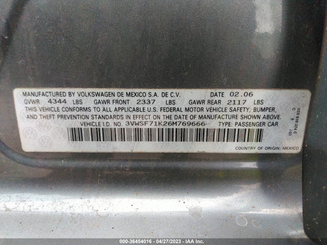 2006 VOLKSWAGEN JETTA SEDAN 2.5L VIN: 3VWSF71K26M769666