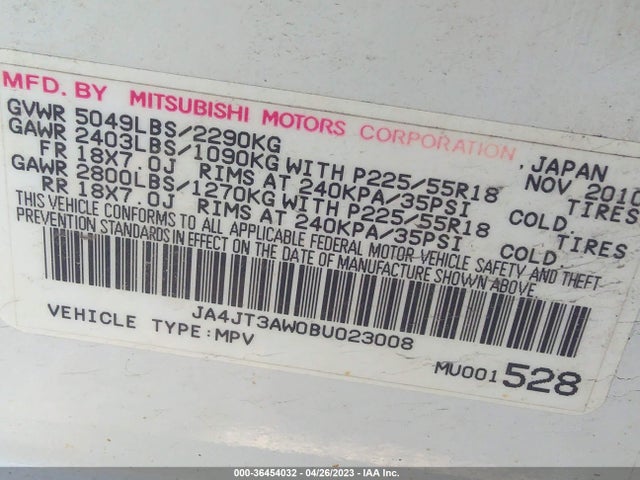 2011 MITSUBISHI OUTLANDER SE VIN: JA4JT3AW0BU023008