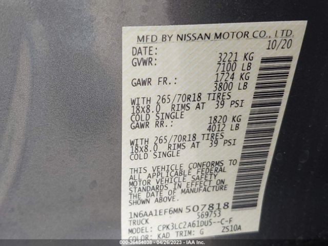 1N6AA1EF6MN507818 Nissan TITAN SV