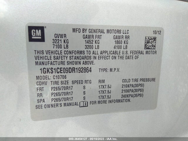 2013 GMC YUKON SLT VIN: 1GKS1CE09DR192864