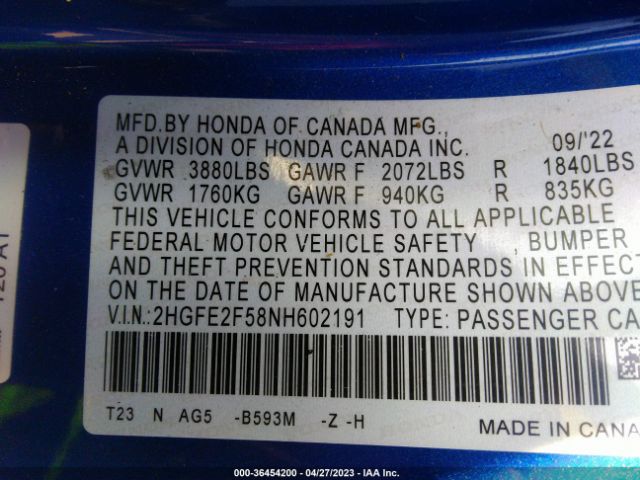 Honda Civic Sedan Sport 2022 2HGFE2F58NH602191 Image 11