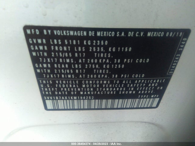 3VV1B7AX1KM194252 Volkswagen TIGUAN S