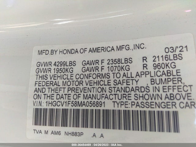 Honda Accord Sedan Ex-l 2021 1HGCV1F58MA056891 Image 10