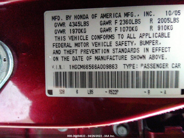 2006 HONDA ACCORD SDN EX-L V6 VIN: 1HGCM66566A009863